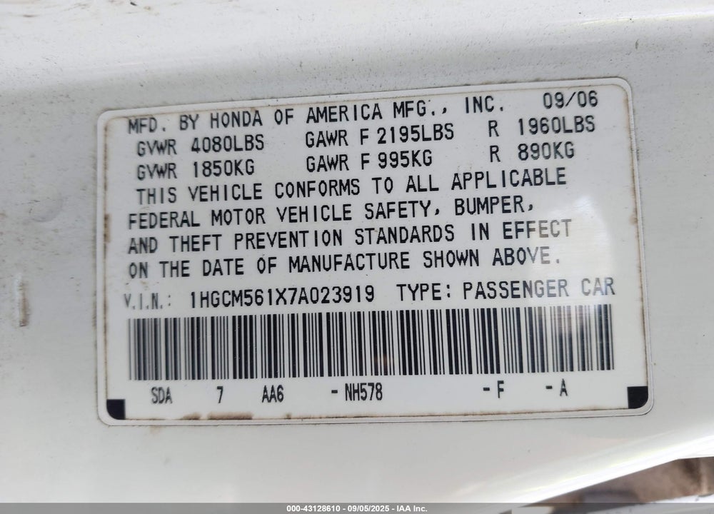 2007 HONDA ACCORD 2.4 VP VIN: 1HGCM561X7A023919