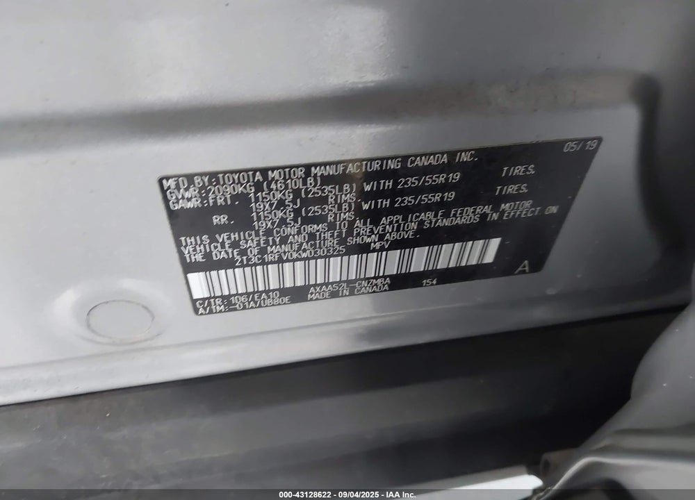 2019 TOYOTA RAV4 VIN: 2T3C1RFV0KW030325