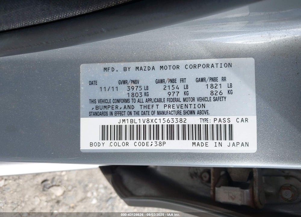 2012 MAZDA 3 VIN: JM1BL1V8XC1563382