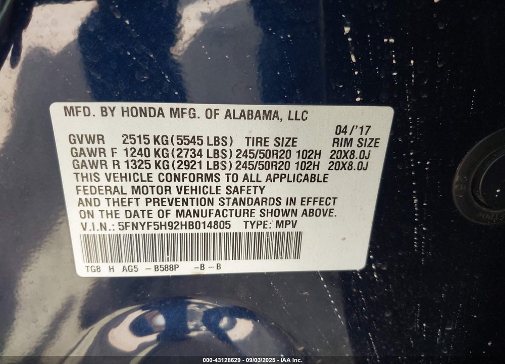 2017 HONDA PILOT TOURING VIN: 5FNYF5H92HB014805