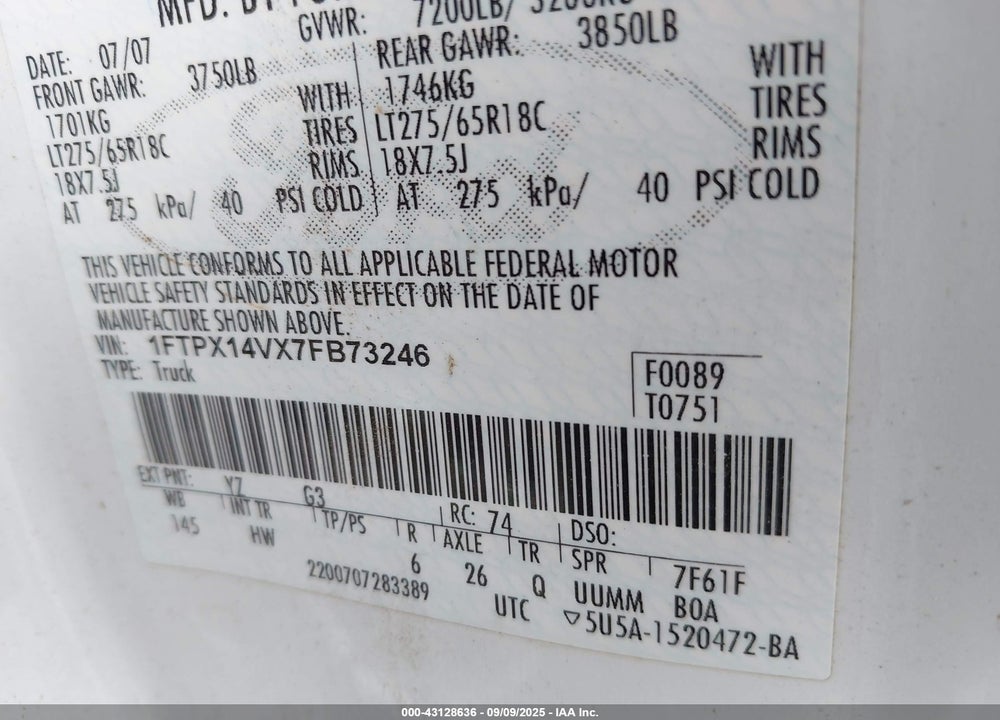 2007 FORD F-150 VIN: 1FTPX14VX7FB73246
