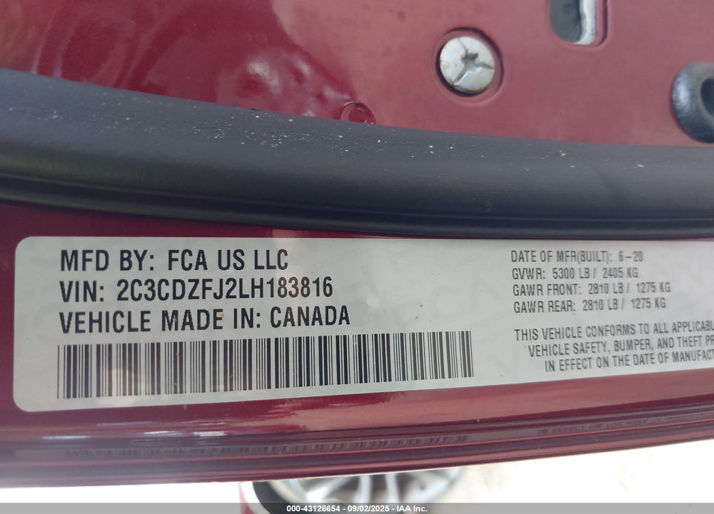 2020 DODGE CHALLENGER VIN: 2C3CDZFJ2LH183816