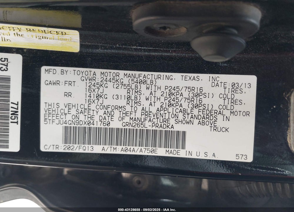 2013 TOYOTA TACOMA VIN: 5TFJU4GN9DX041760