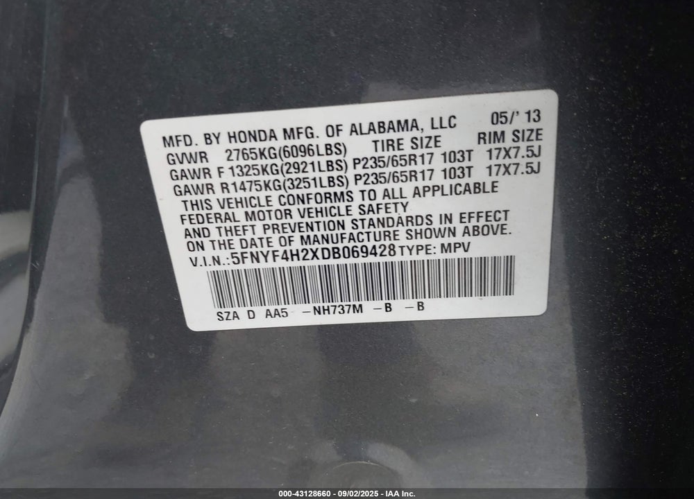 2013 HONDA PILOT VIN: 5FNYF4H2XDB069428
