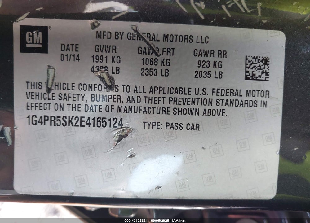 2014 BUICK VERANO VIN: 1G4PR5SK2E4165124