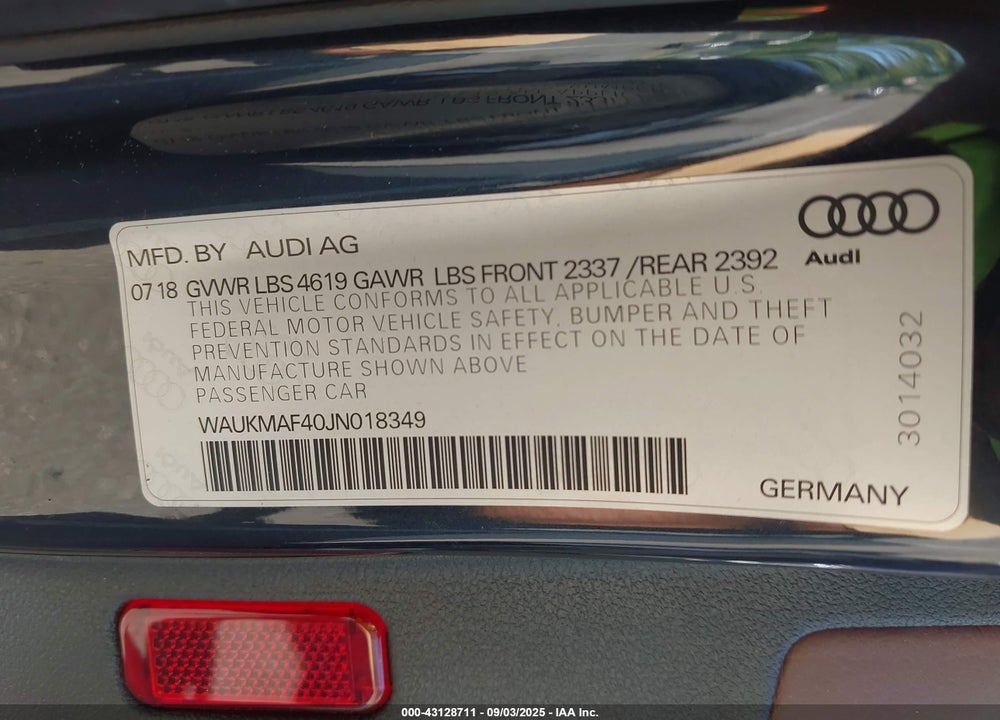 2018 AUDI A4 VIN: WAUKMAF40JN018349