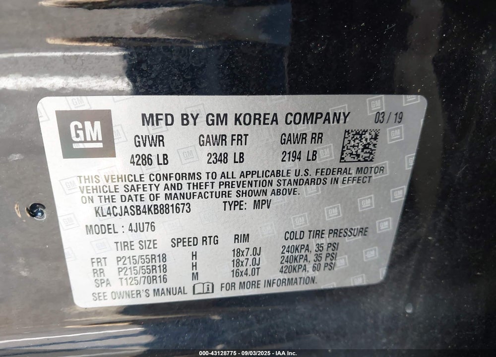 2019 BUICK ENCORE VIN: KL4CJASB4KB881673