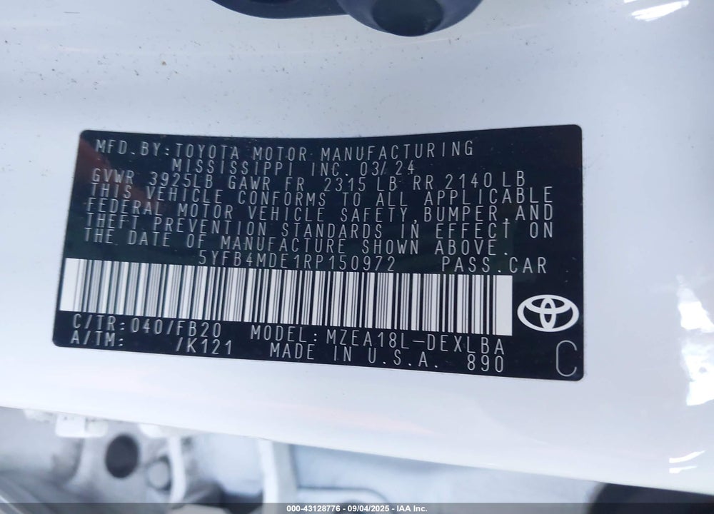 2024 TOYOTA COROLLA VIN: 5YFB4MDE1RP150972