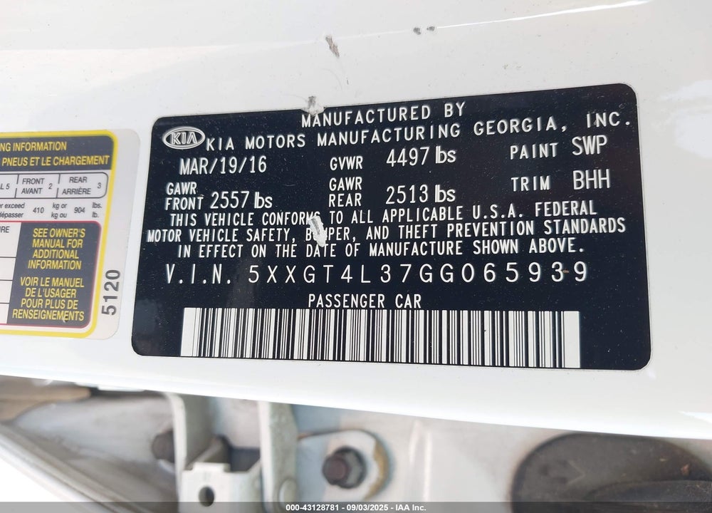 2016 KIA OPTIMA LX VIN: 5XXGT4L37GG065939