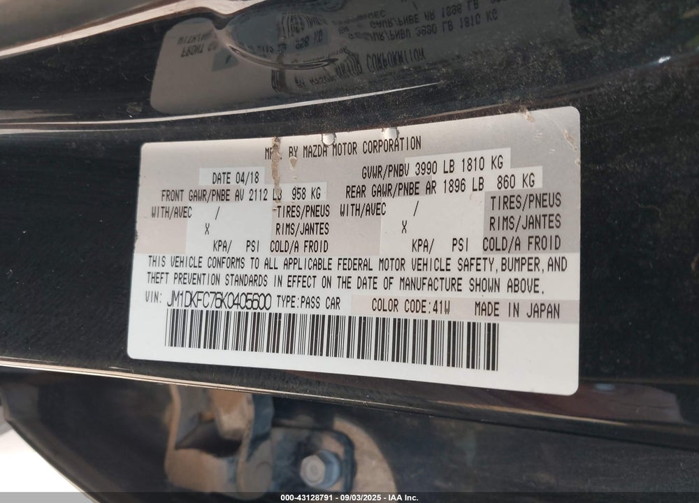2019 MAZDA CX-3 VIN: JM1DKFC76K0405600