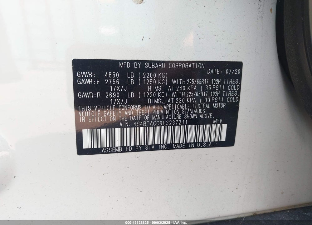 2020 SUBARU OUTBACK VIN: 4S4BTACC9L3237211