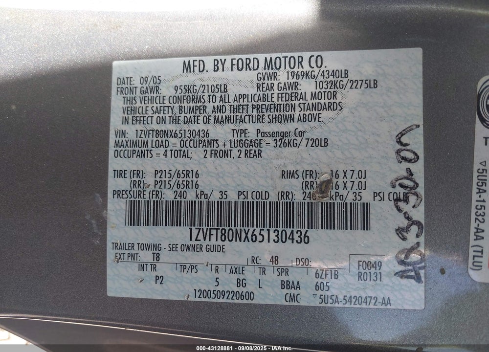 2006 FORD MUSTANG V6 VIN: 1ZVFT80NX65130436