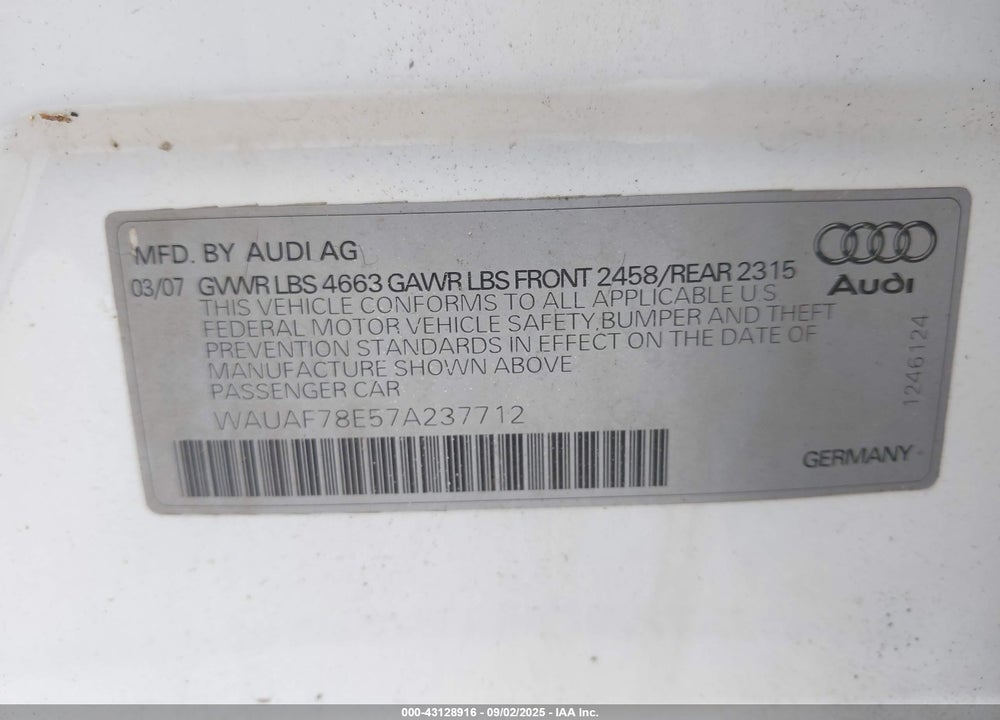2007 AUDI A4 2.0T VIN: WAUAF78E57A237712