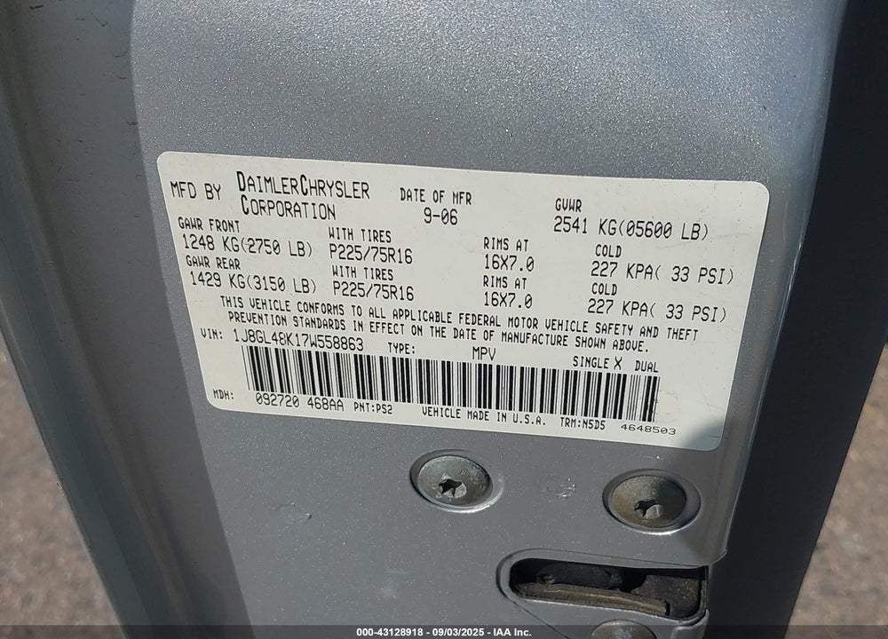 2007 JEEP LIBERTY SPORT VIN: 1J8GL48K17W558863