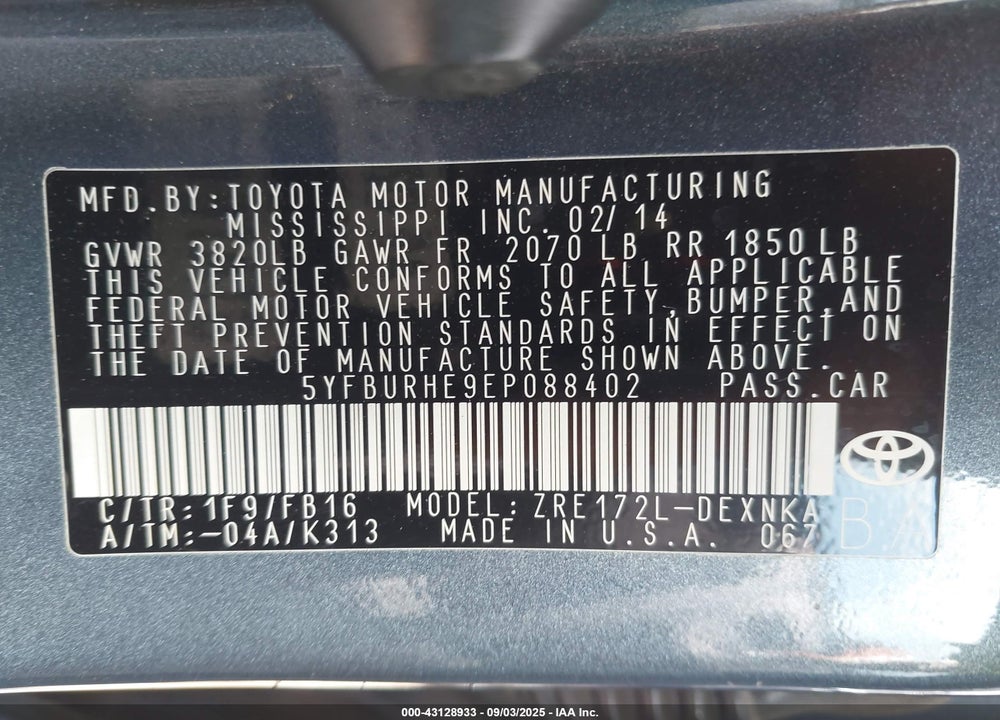 2014 TOYOTA COROLLA VIN: 5YFBURHE9EP088402