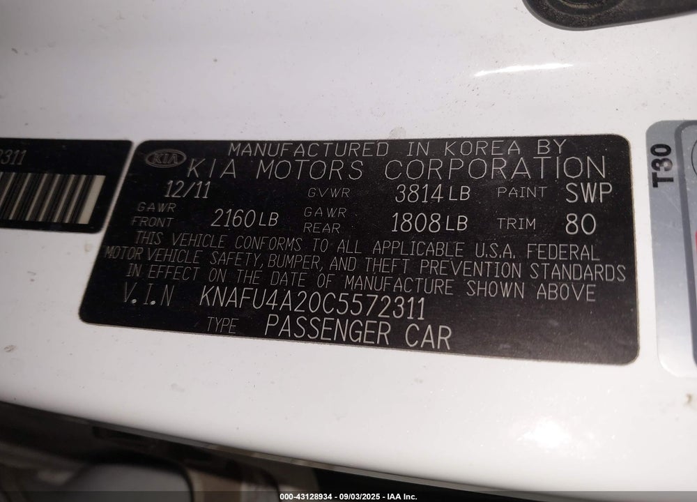 2012 KIA FORTE VIN: KNAFU4A20C5572311