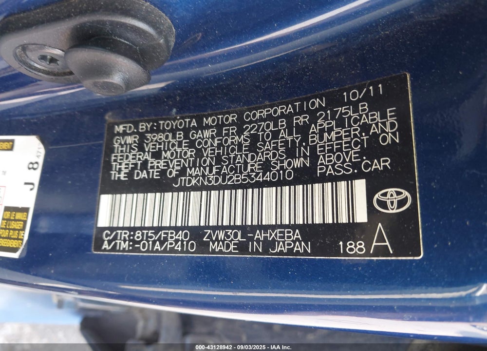 2011 TOYOTA PRIUS VIN: JTDKN3DU2B5344010