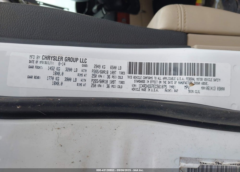 2014 DODGE DURANGO LIMITED VIN: 1C4RDHDG7EC561075