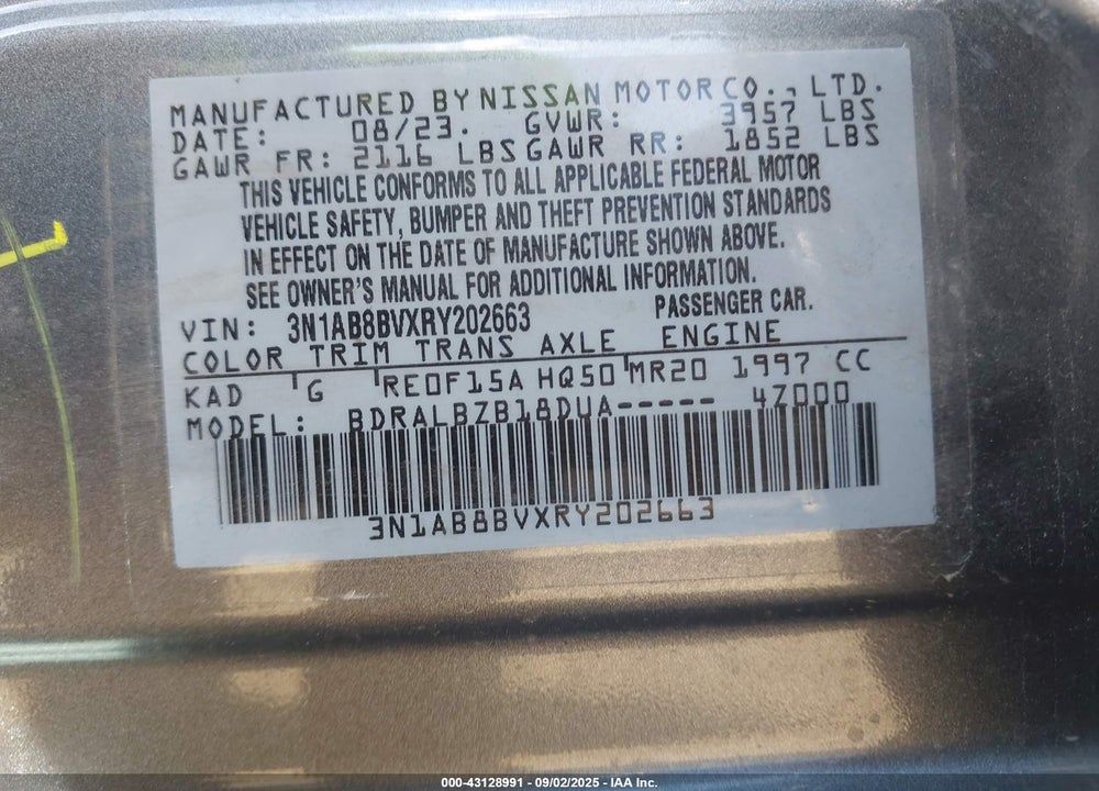 2024 NISSAN SENTRA S XTRONIC CVT VIN: 3N1AB8BVXRY202663