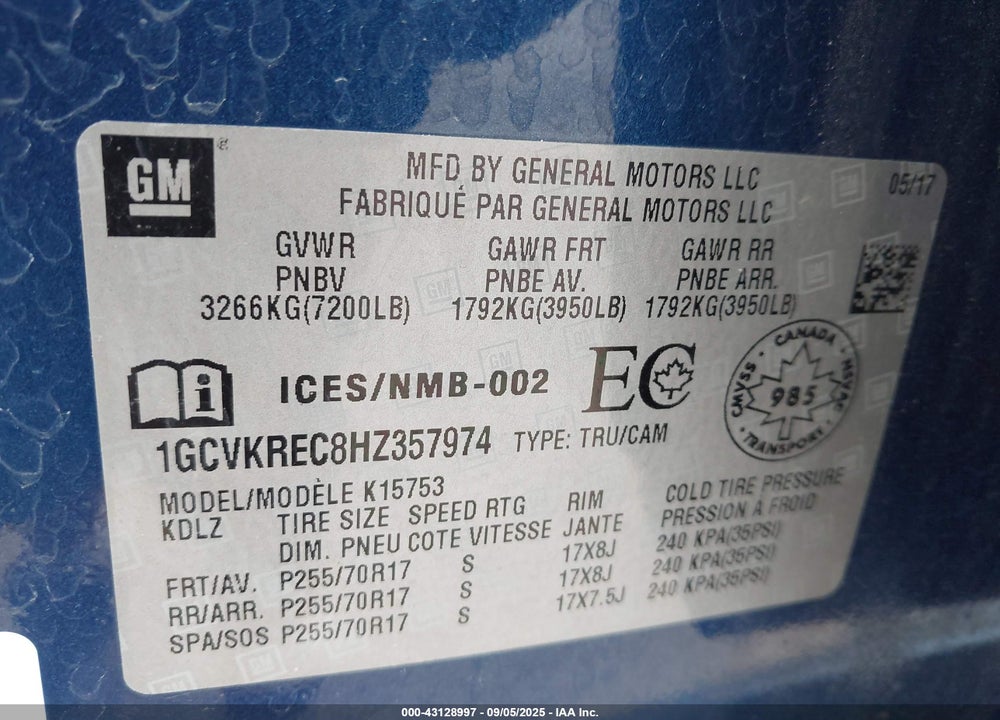 2017 CHEVROLET SILVERADO 1500 1LT/2LT VIN: 1GCVKREC8HZ357974