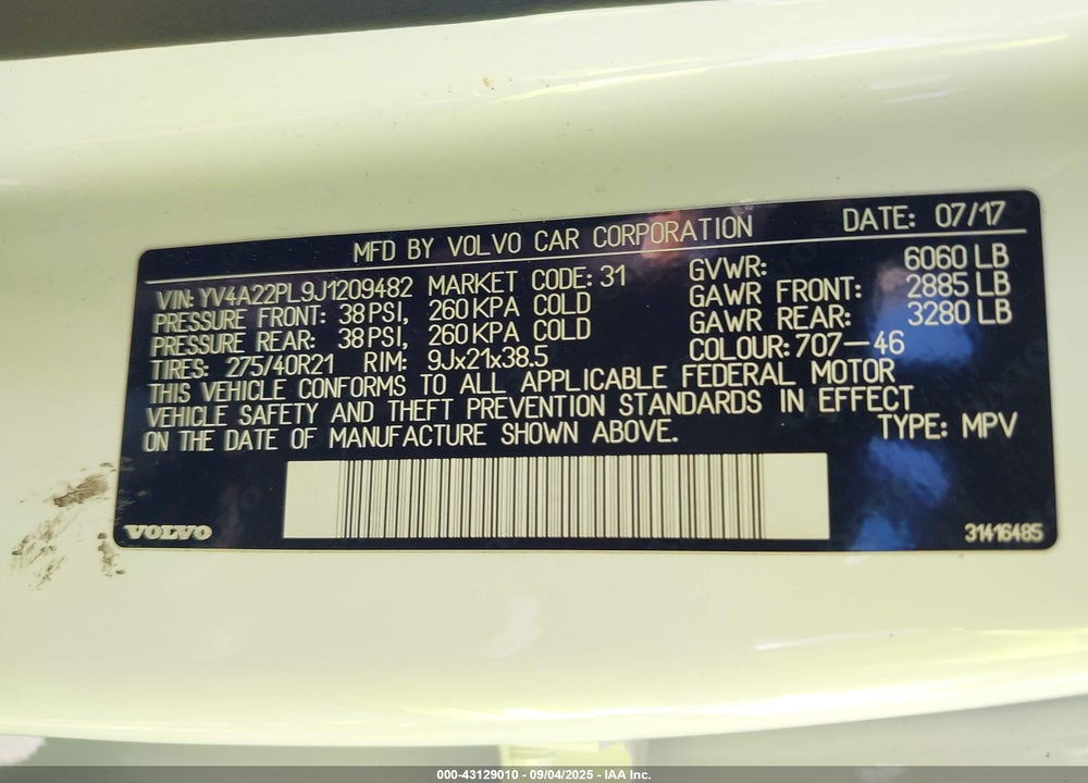 2018 VOLVO XC90 VIN: YV4A22PL9J1209482