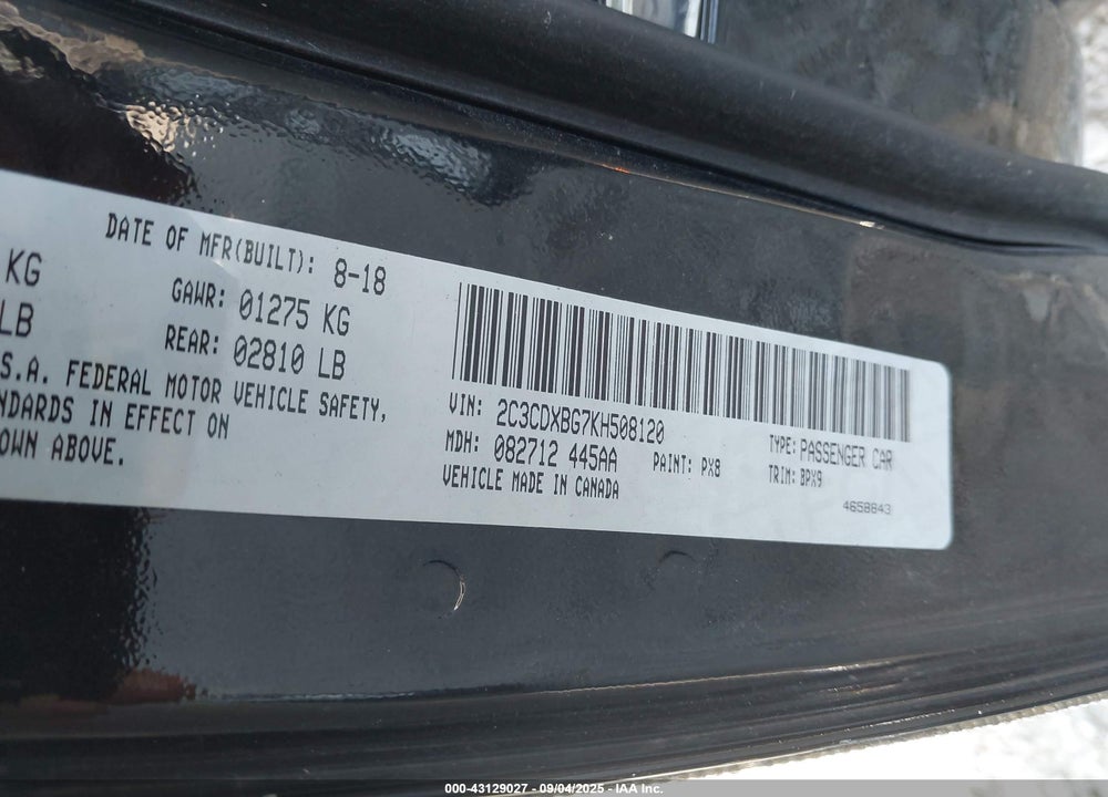 2019 DODGE CHARGER VIN: 2C3CDXBG7KH508120