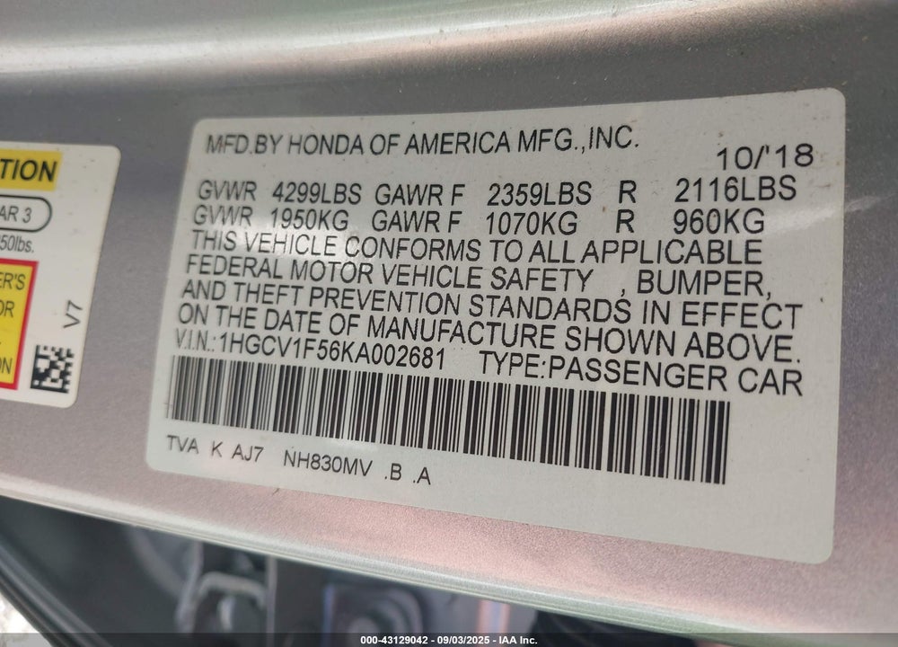 2019 HONDA ACCORD VIN: 1HGCV1F56KA002681