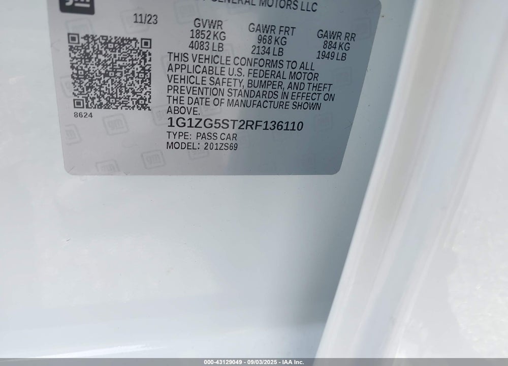 2024 CHEVROLET MALIBU VIN: 1G1ZG5ST2RF136110