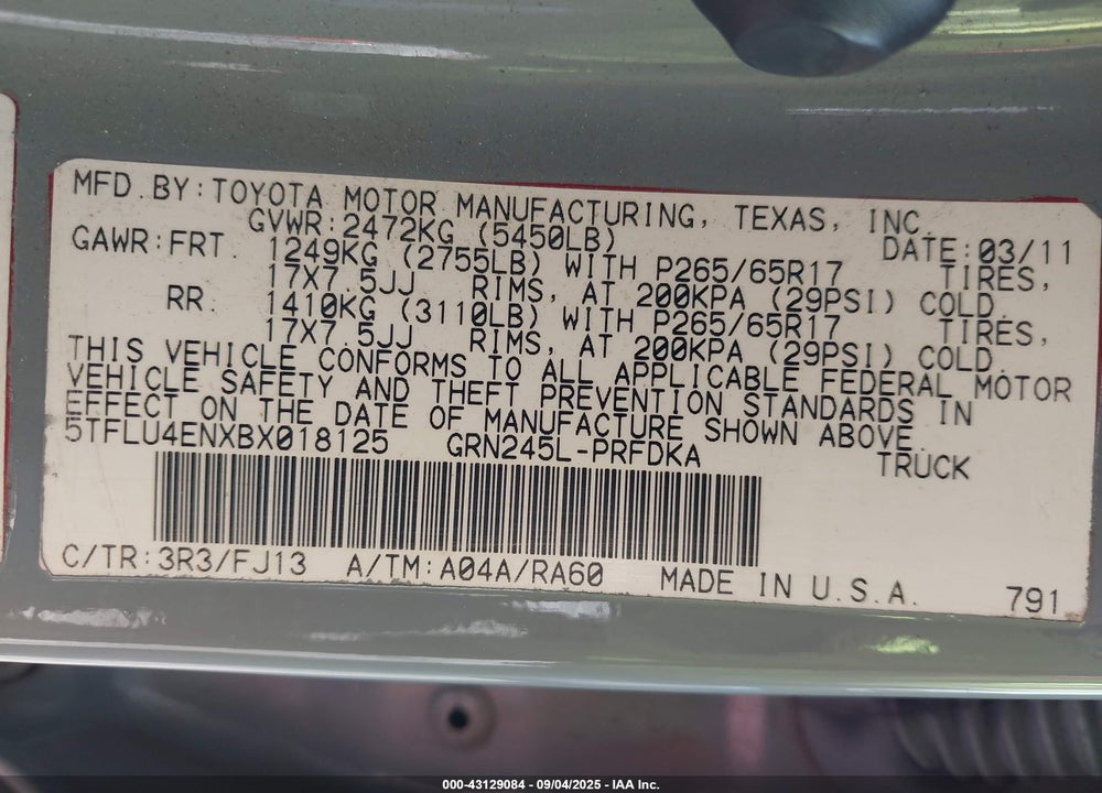 2011 TOYOTA TACOMA BASE V6 VIN: 5TFLU4ENXBX018125