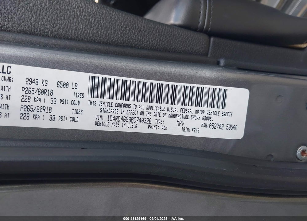 2011 DODGE DURANGO VIN: 1D4RD4GG3BC740328
