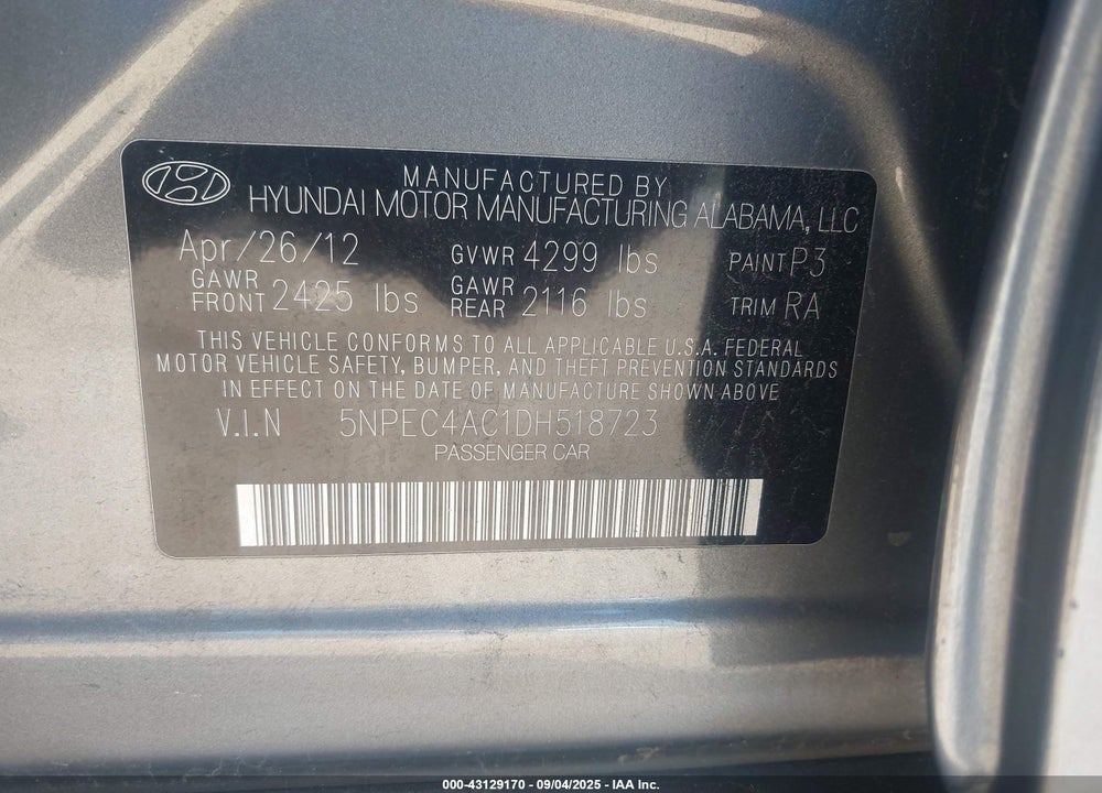 2013 HYUNDAI SONATA VIN: 5NPEC4AC1DH518723
