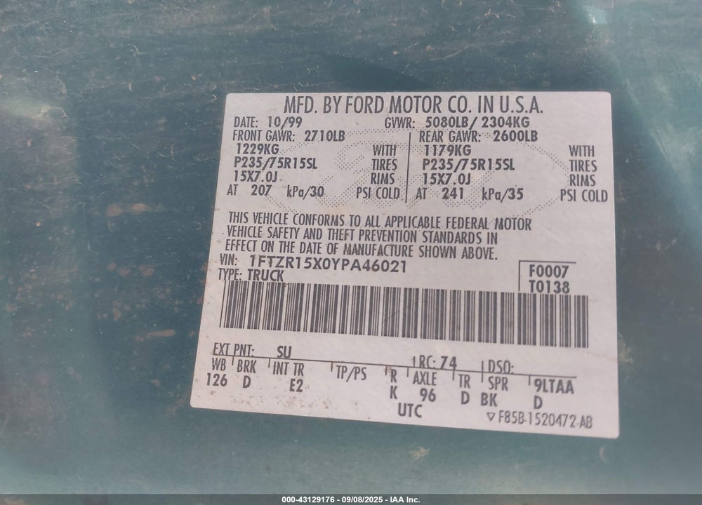 2000 FORD RANGER XLT VIN: 1FTZR15X0YPA46021