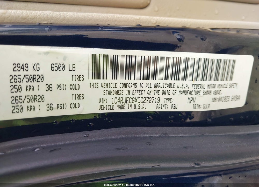 2012 JEEP GRAND CHEROKEE VIN: 1C4RJFCGXCC272719