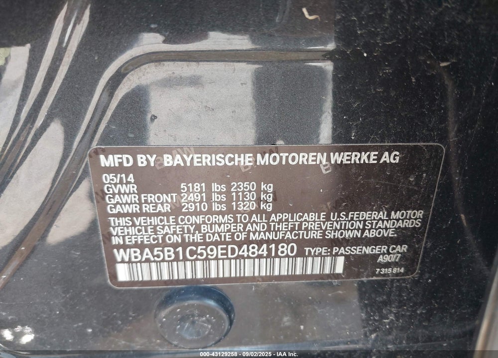 2014 BMW 5 SERIES VIN: WBA5B1C59ED484180