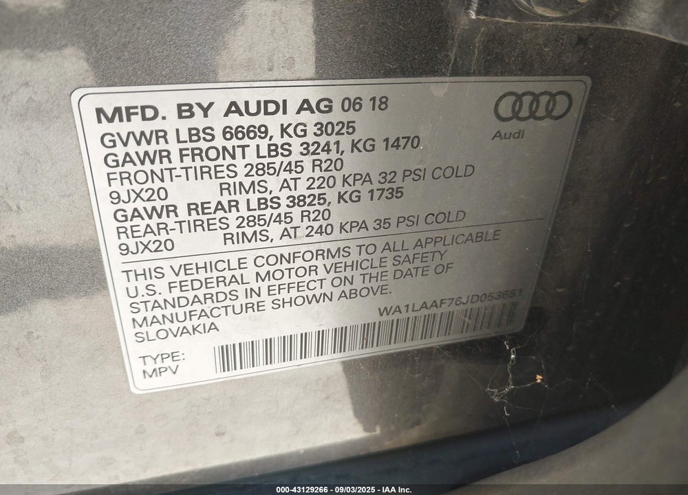 2018 AUDI Q7 3.0T PREMIUM VIN: WA1LAAF76JD053651