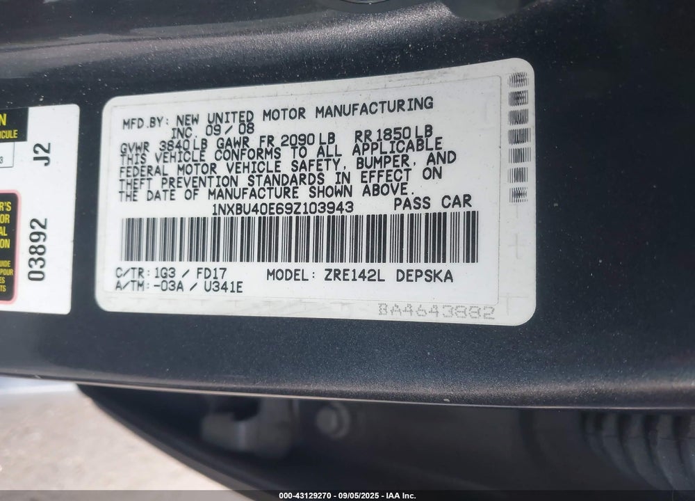 2009 TOYOTA COROLLA VIN: 1NXBU40E69Z103943