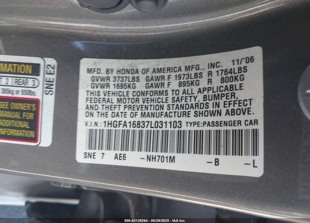 2007 HONDA CIVIC EX VIN: 1HGFA16837L031103