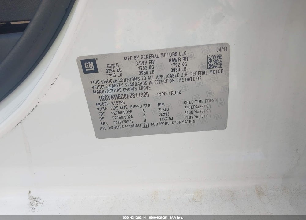 2014 CHEVROLET SILVERADO 1500 1LT VIN: 1GCVKREC0EZ311325