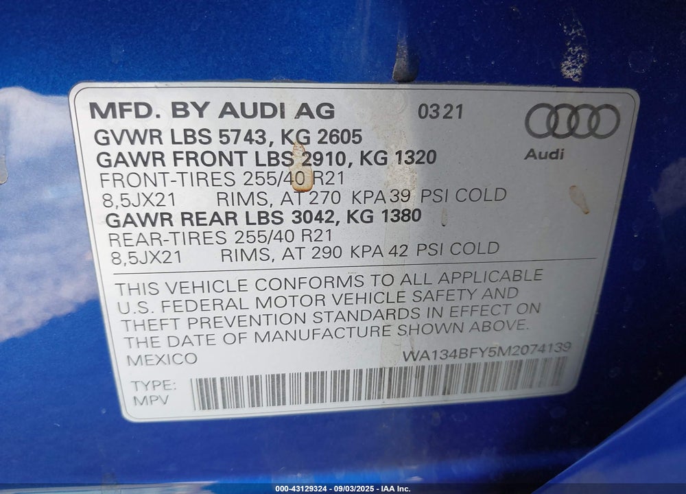 2021 AUDI SQ5 SPORTBACK PRESTIGE TFSI QUATTRO TIPTRONIC VIN: WA134BFY5M2074139