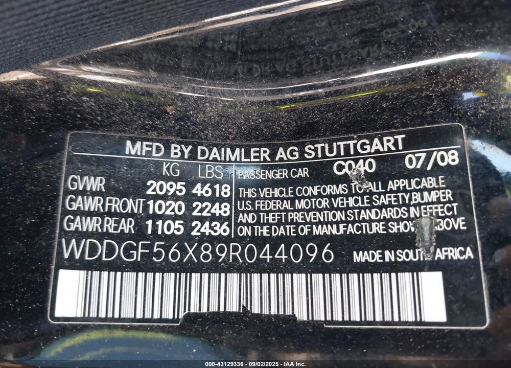 2009 MERCEDES-BENZ C CLASS VIN: WDDGF56X89R044096