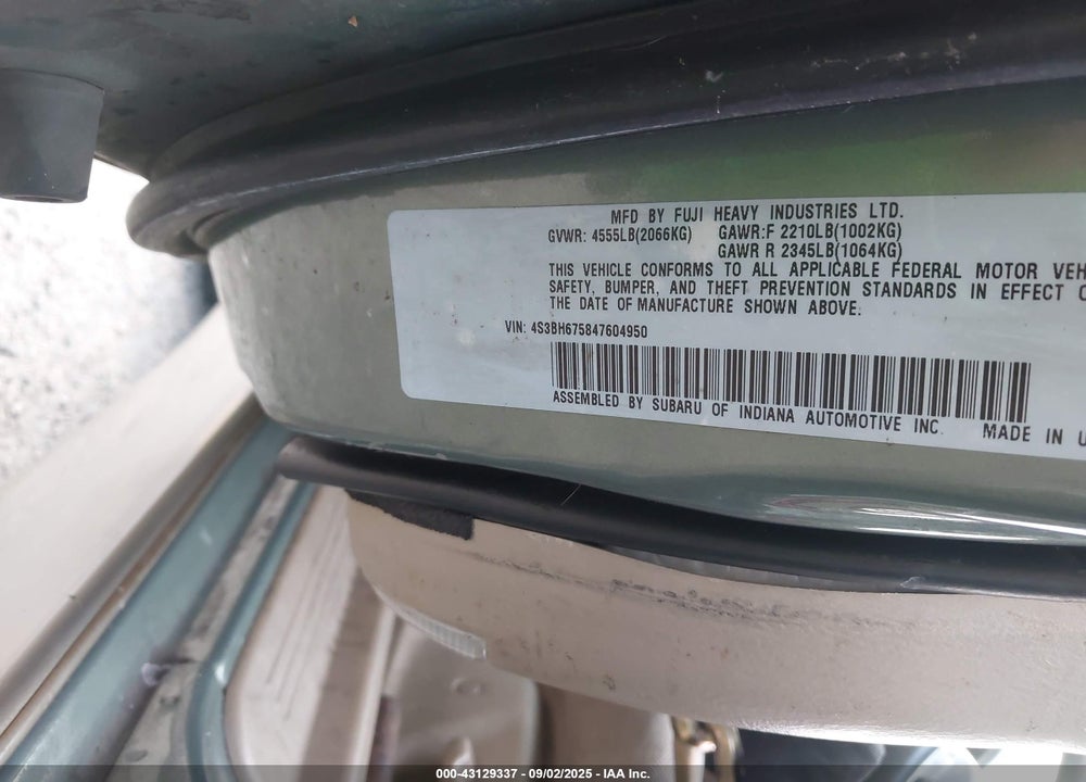 2004 SUBARU OUTBACK VIN: 4S3BH675847604950