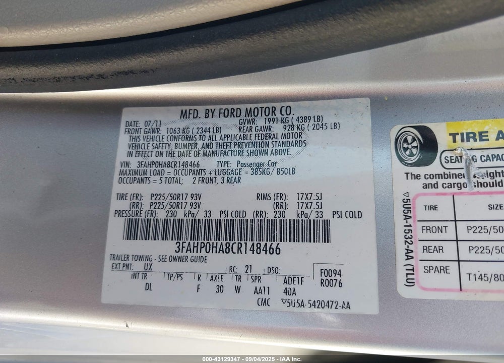 2012 FORD FUSION VIN: 3FAHP0HA8CR148466