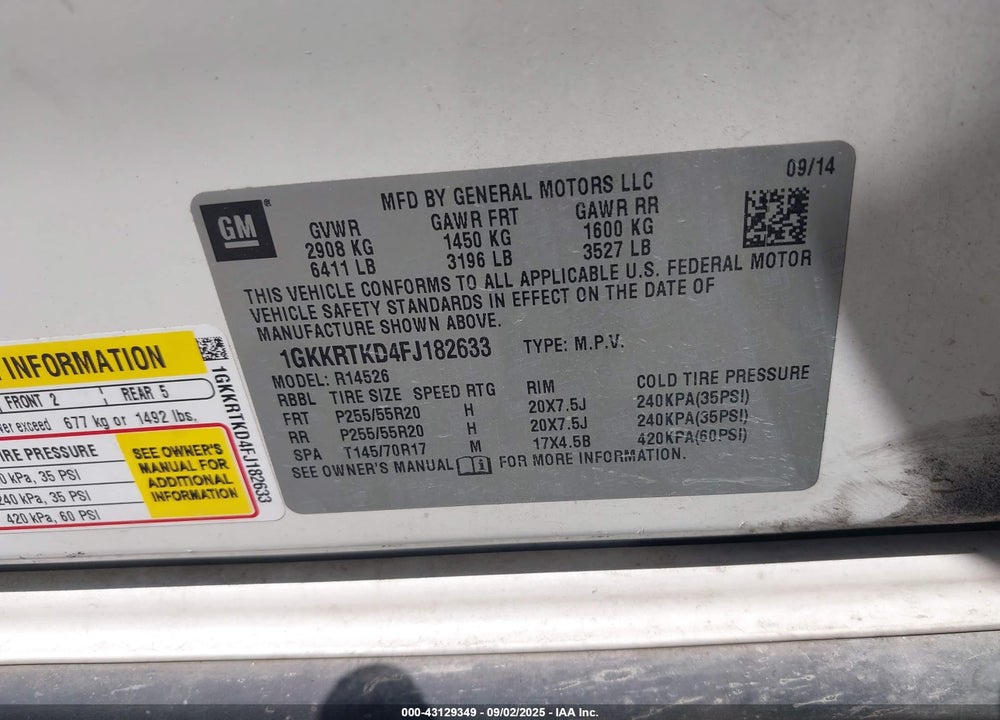 2015 GMC ACADIA DENALI VIN: 1GKKRTKD4FJ182633