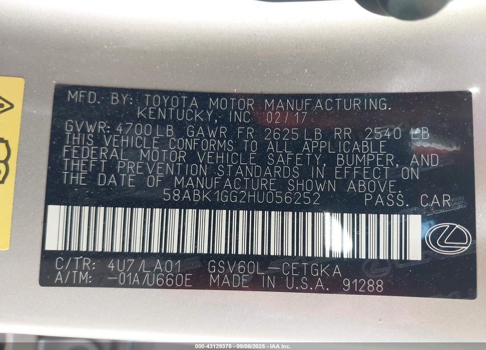 2017 LEXUS ES 350 VIN: 58ABK1GG2HU056252