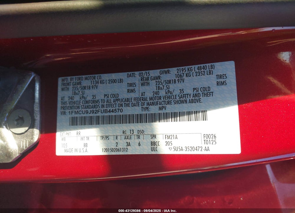2015 FORD ESCAPE VIN: 1FMCU9J92FUB44570