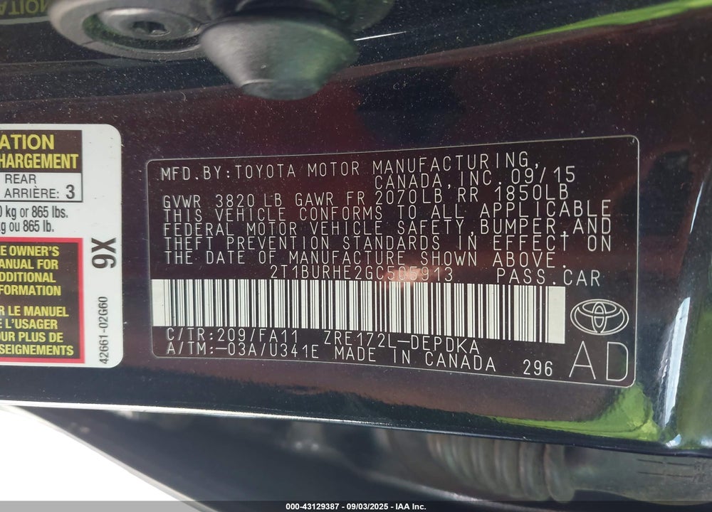 2016 TOYOTA COROLLA VIN: 2T1BURHE2GC505913