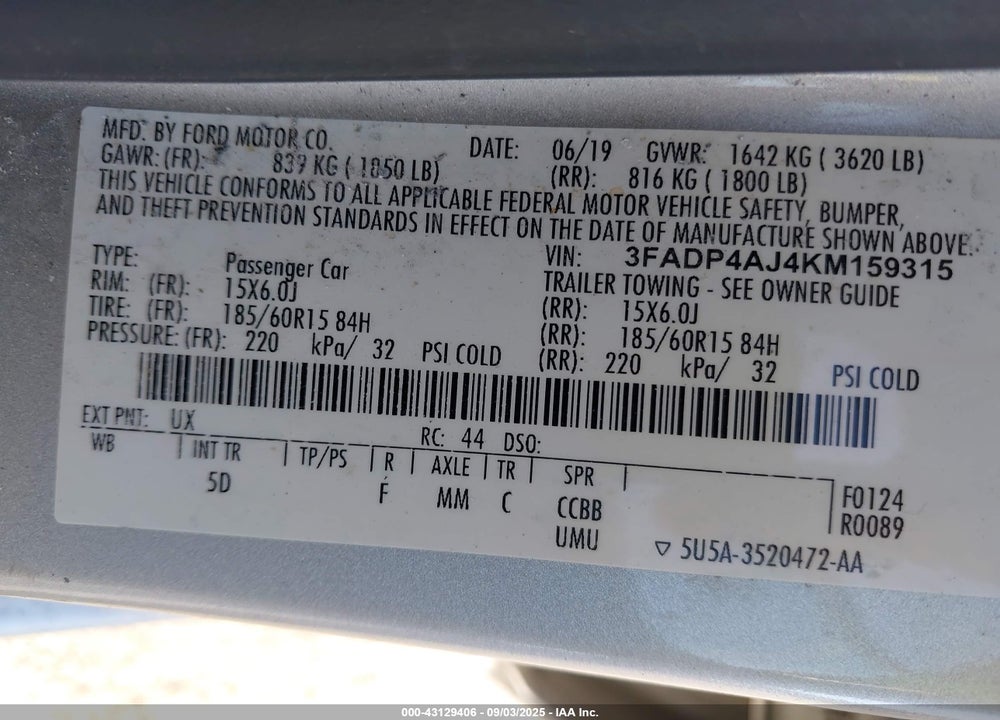 2019 FORD FIESTA VIN: 3FADP4AJ4KM159315