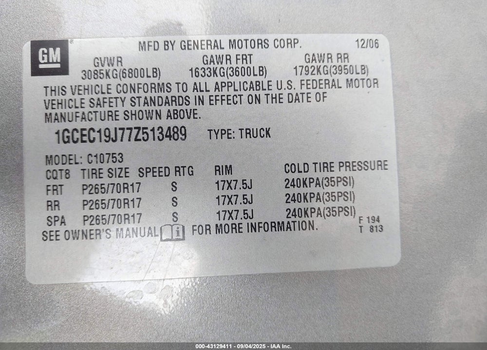 2007 CHEVROLET SILVERADO 1500 LT2 VIN: 1GCEC19J77Z513489