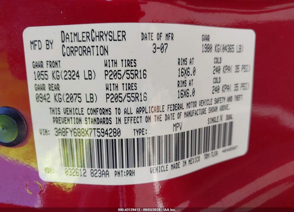 2007 CHRYSLER PT CRUISER LIMITED VIN: 3A8FY688X7T594280
