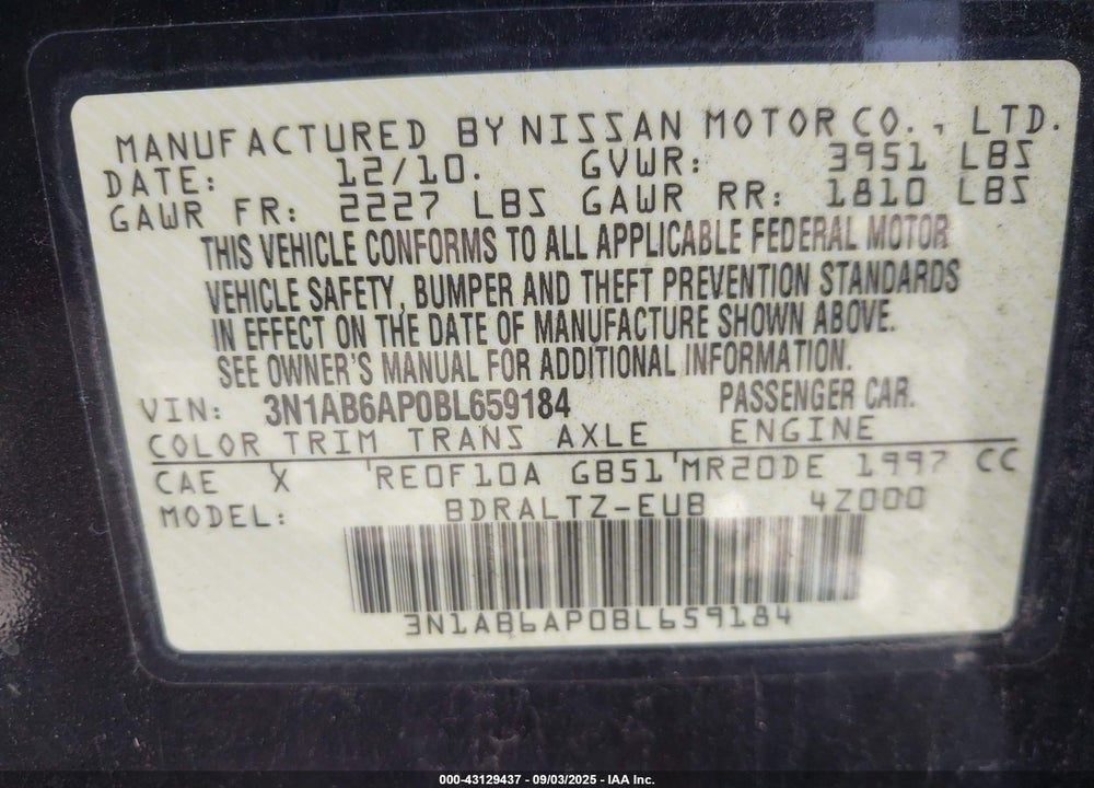 2011 NISSAN SENTRA VIN: 3N1AB6AP0BL659184